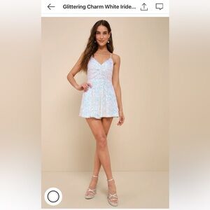 LULUS Glitter Charm White Iridescent Sequin Knot Front Romper